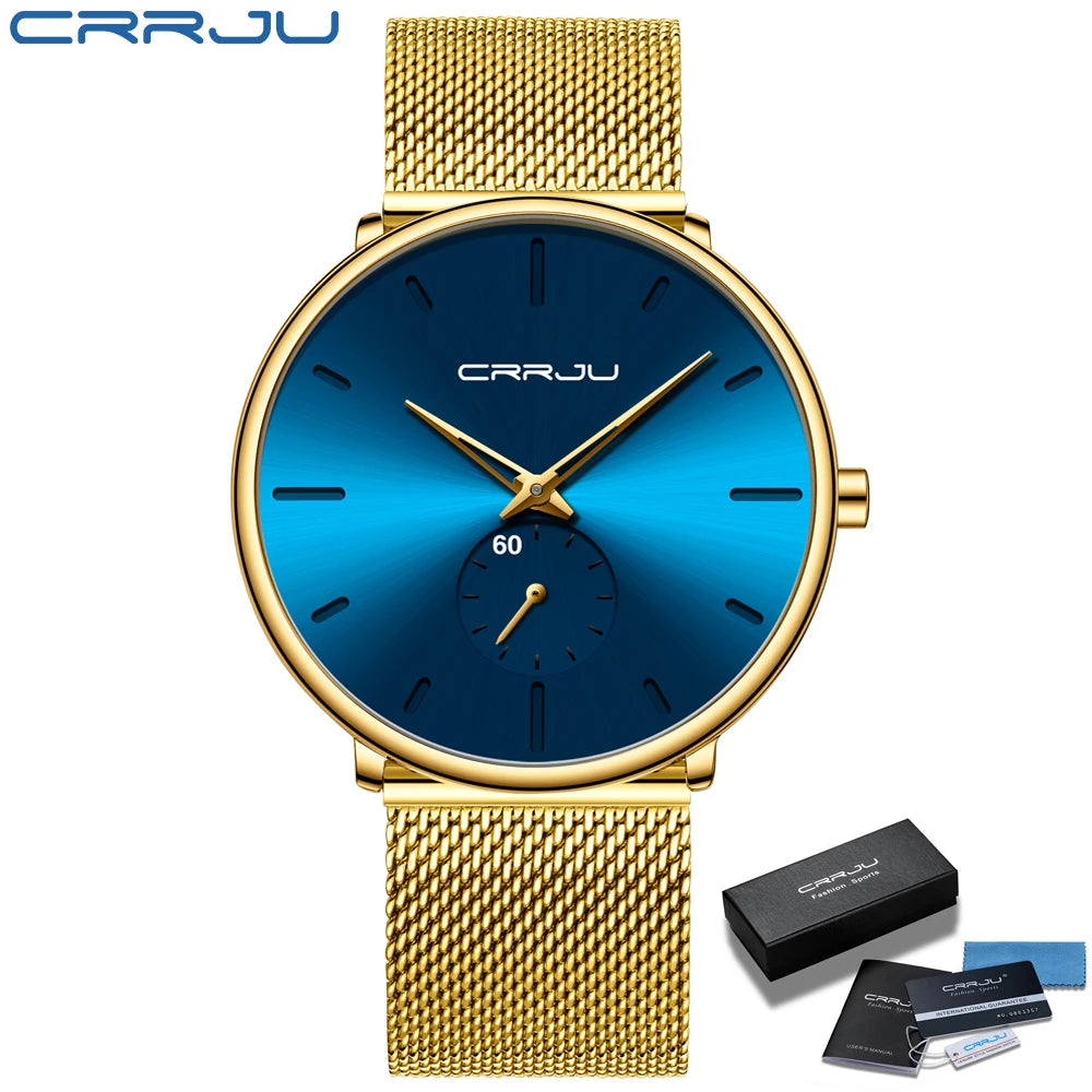 CRRJU Top Brand Luxury Casual Watch For Men Waterproof Fashion Clock Quartz Watches Thin Wristwatch Gold Relogio Masculinoc