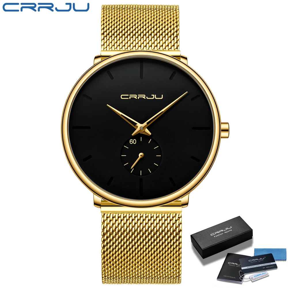 CRRJU Top Brand Luxury Casual Watch For Men Waterproof Fashion Clock Quartz Watches Thin Wristwatch Gold Relogio Masculinoc