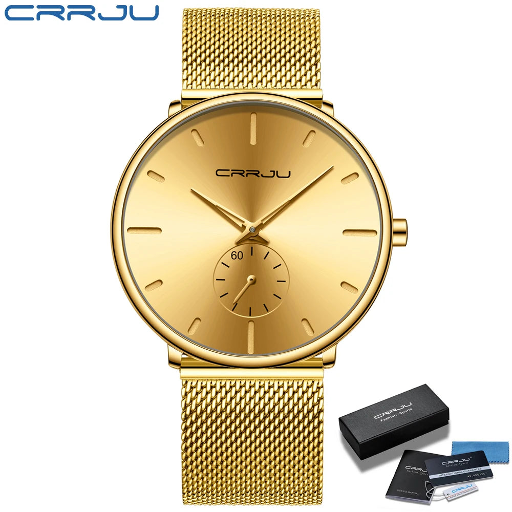 CRRJU Top Brand Luxury Casual Watch For Men Waterproof Fashion Clock Quartz Watches Thin Wristwatch Gold Relogio Masculinoc