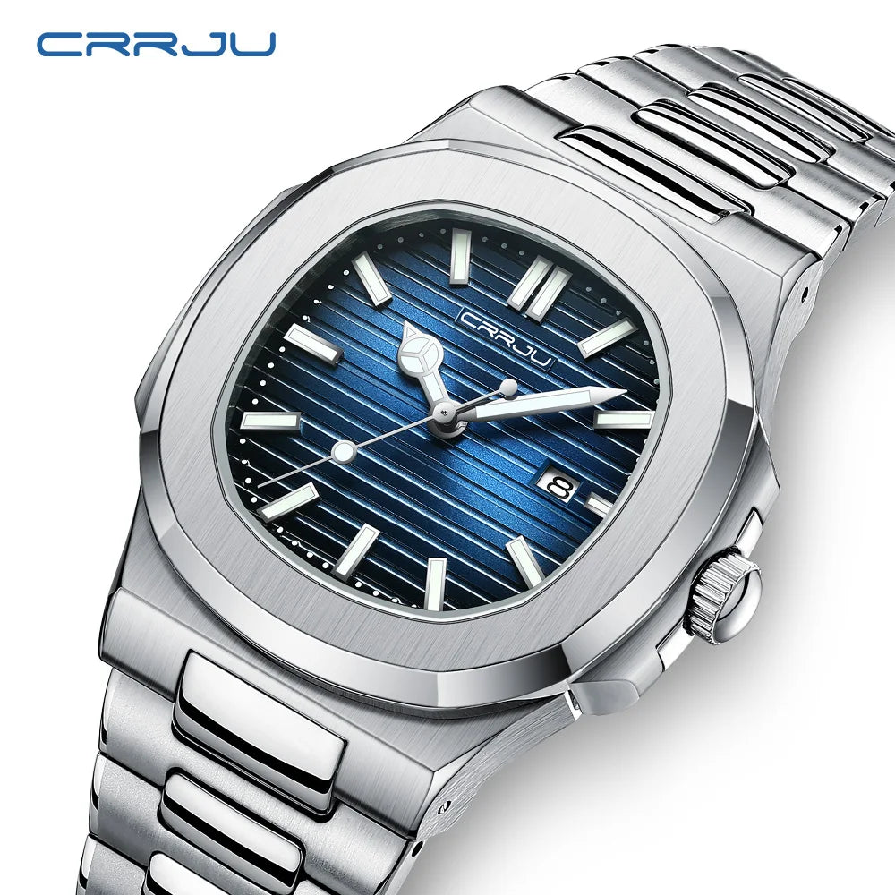 CRRJU Luxury Casual Watch Top Brand Fashion Square Dial Stainless Steel Calendar Luminous Waterproof Men Watch Male Clock+Box