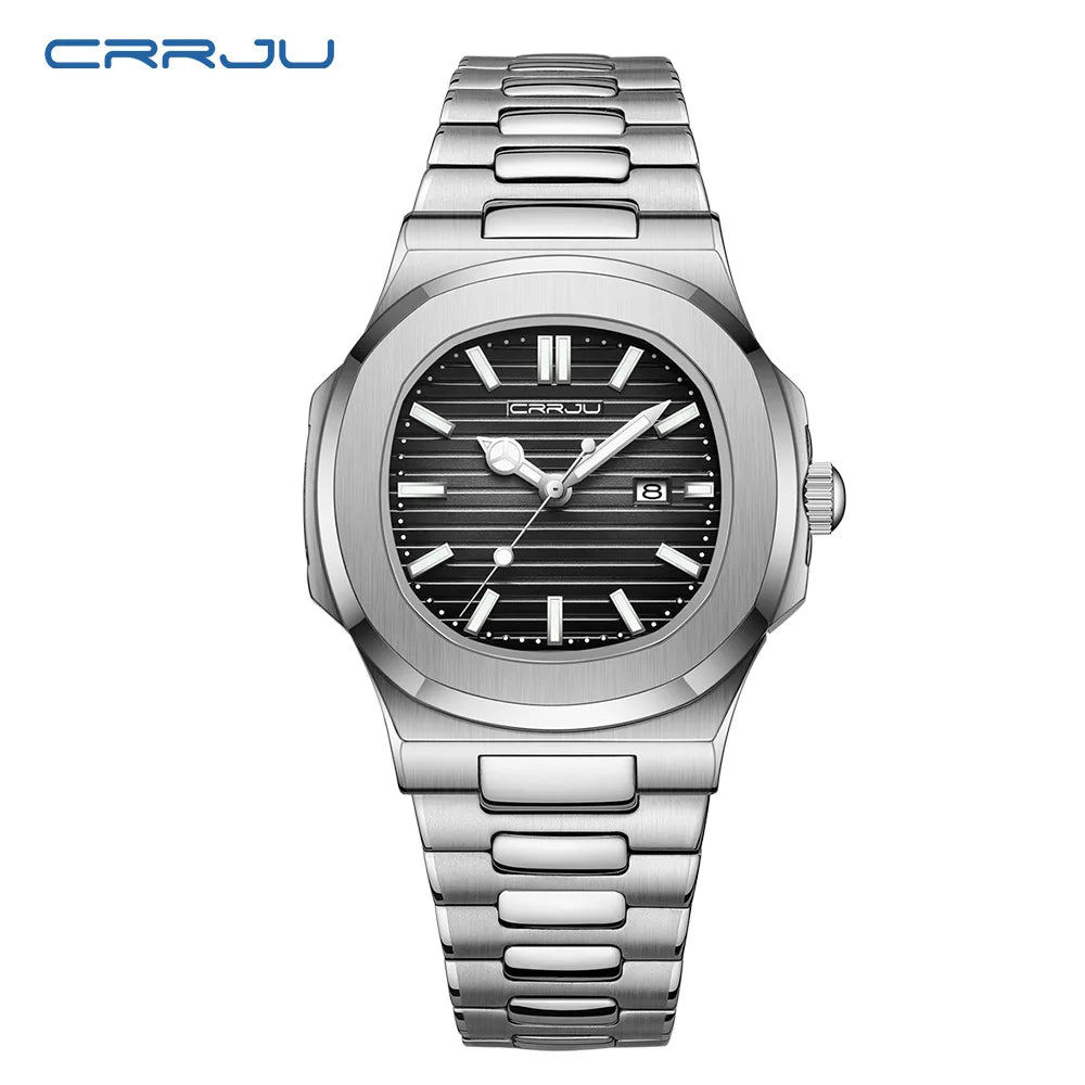 CRRJU Luxury Casual Watch Top Brand Fashion Square Dial Stainless Steel Calendar Luminous Waterproof Men Watch Male Clock+Box