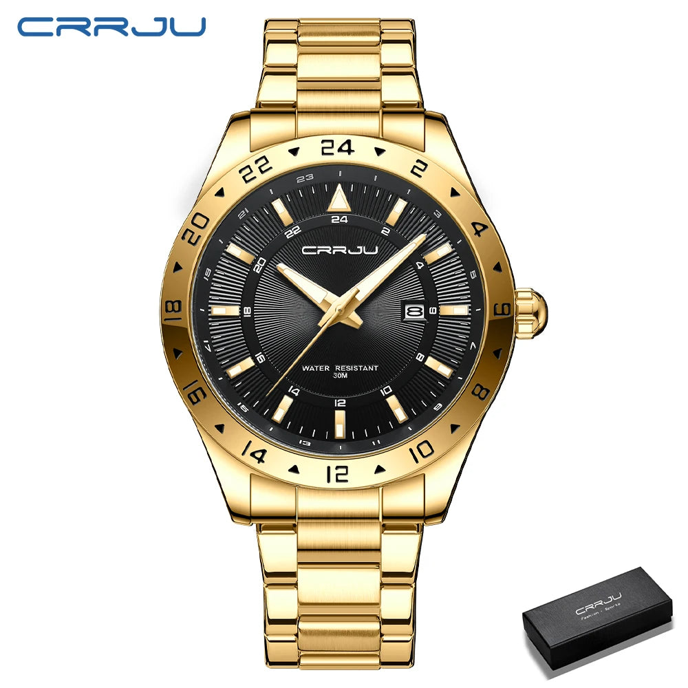 CRRJU Watch for Men Casual Style Stainless Steel Simple Business Quartz Wristwatches with Date High Quality Male Clock Luminous