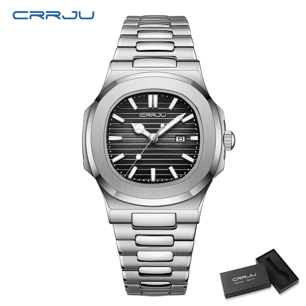 CRRJU Luxury Casual Watch Top Brand Fashion Square Dial Stainless Steel Calendar Luminous Waterproof Men Watch Male Clock+Box