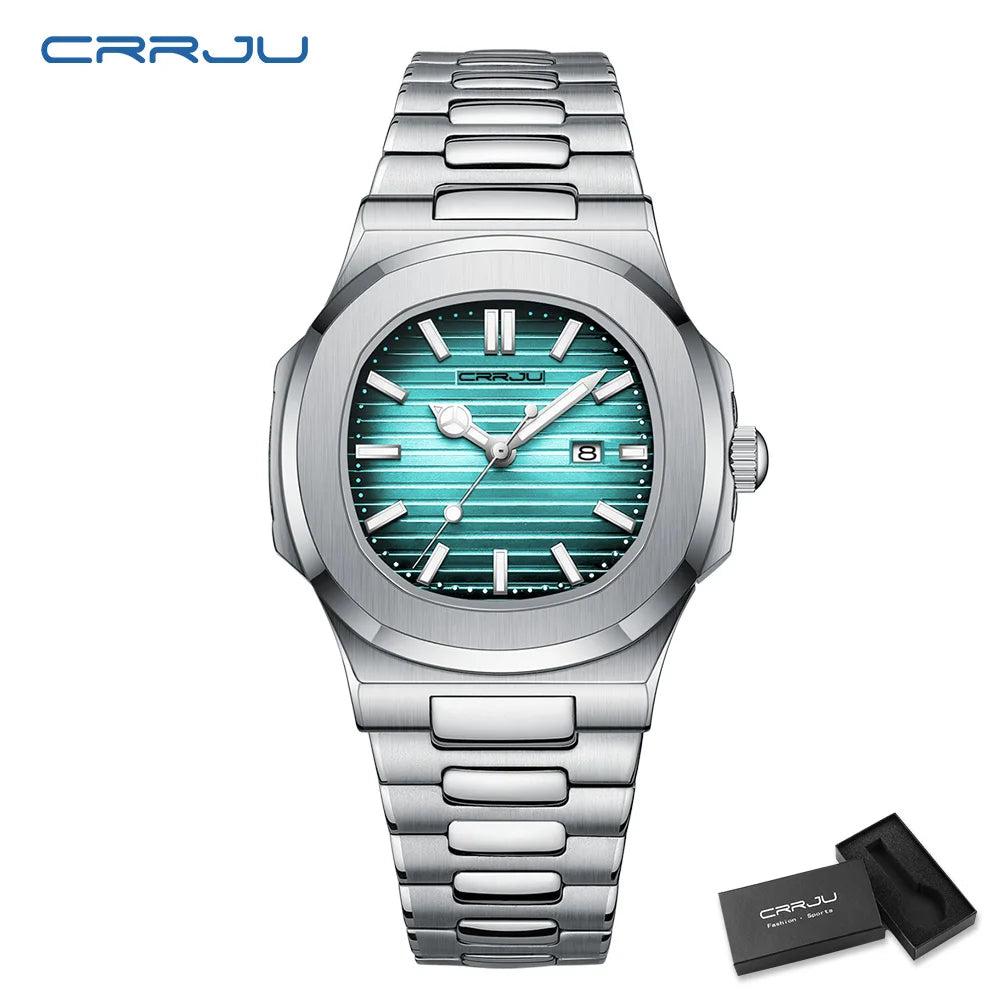 CRRJU Luxury Casual Watch Top Brand Fashion Square Dial Stainless Steel Calendar Luminous Waterproof Men Watch Male Clock+Box