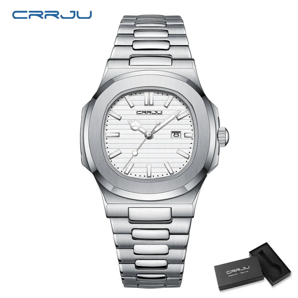 CRRJU Luxury Casual Watch Top Brand Fashion Square Dial Stainless Steel Calendar Luminous Waterproof Men Watch Male Clock+Box