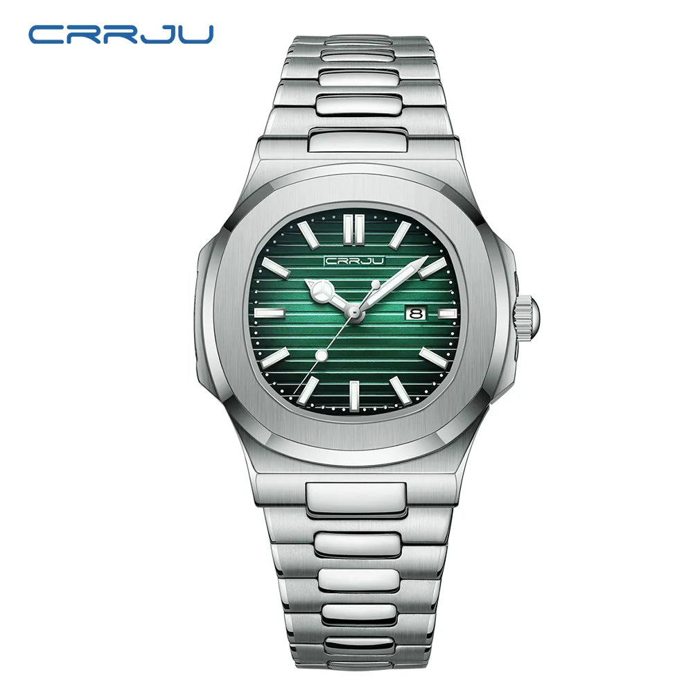 CRRJU Luxury Casual Watch Top Brand Fashion Square Dial Stainless Steel Calendar Luminous Waterproof Men Watch Male Clock+Box