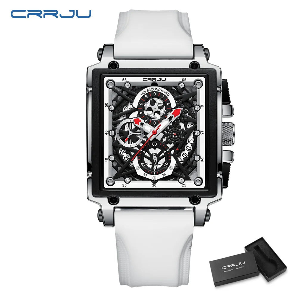 CRRJU Men's Sports Chronograph Wrist Watch For Men Army Silicone strap Square Quartz Stop Watch Clock Man Relogios Masculino