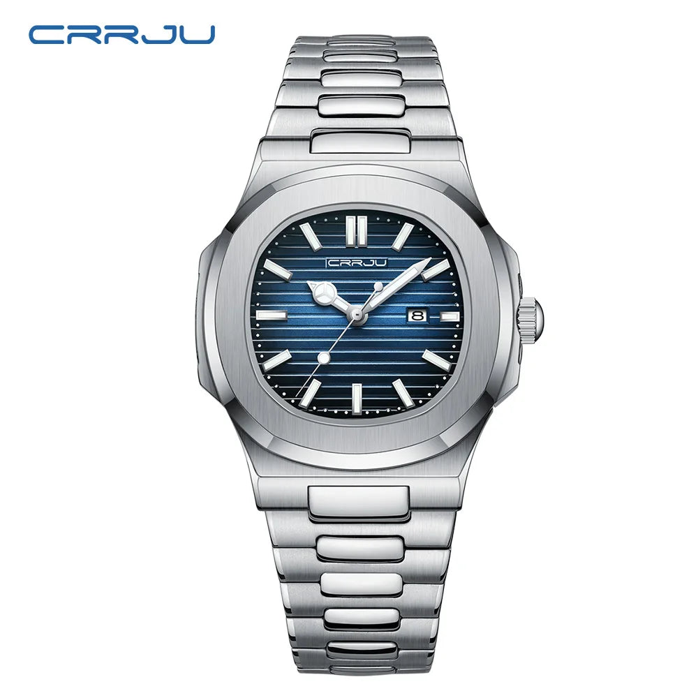 CRRJU Luxury Casual Watch Top Brand Fashion Square Dial Stainless Steel Calendar Luminous Waterproof Men Watch Male Clock+Box