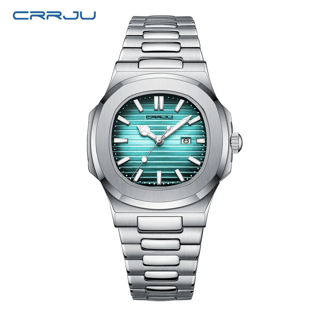 CRRJU Luxury Casual Watch Top Brand Fashion Square Dial Stainless Steel Calendar Luminous Waterproof Men Watch Male Clock+Box