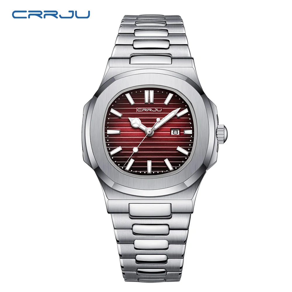 CRRJU Luxury Casual Watch Top Brand Fashion Square Dial Stainless Steel Calendar Luminous Waterproof Men Watch Male Clock+Box