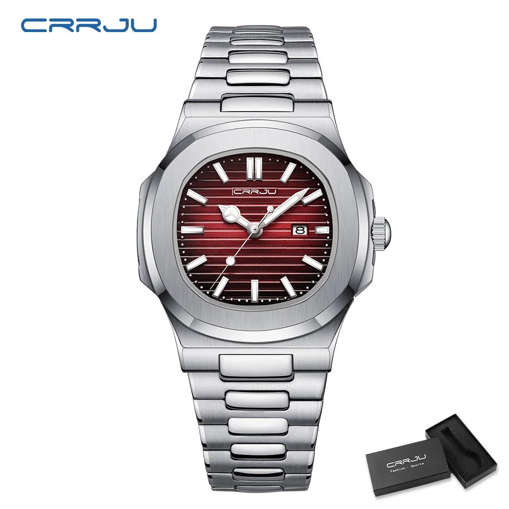 CRRJU Luxury Casual Watch Top Brand Fashion Square Dial Stainless Steel Calendar Luminous Waterproof Men Watch Male Clock+Box