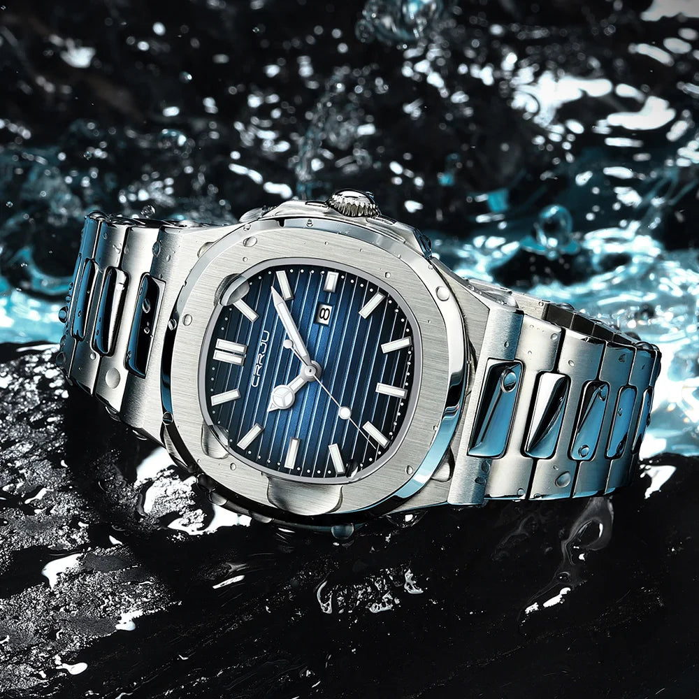 CRRJU Luxury Casual Watch Top Brand Fashion Square Dial Stainless Steel Calendar Luminous Waterproof Men Watch Male Clock+Box