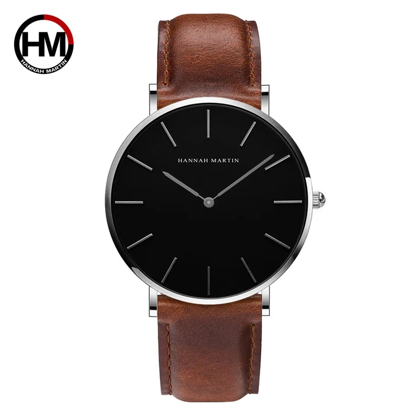 HANNAH MARTIN Brand Japan Quartz Movement Men's Waterproof Wrist Watches Fashion Luxury Ultra Thin Leather Creative Male Watches