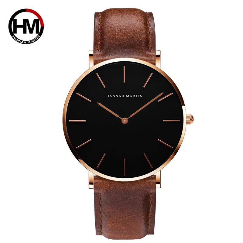 HANNAH MARTIN Brand Japan Quartz Movement Men's Waterproof Wrist Watches Fashion Luxury Ultra Thin Leather Creative Male Watches